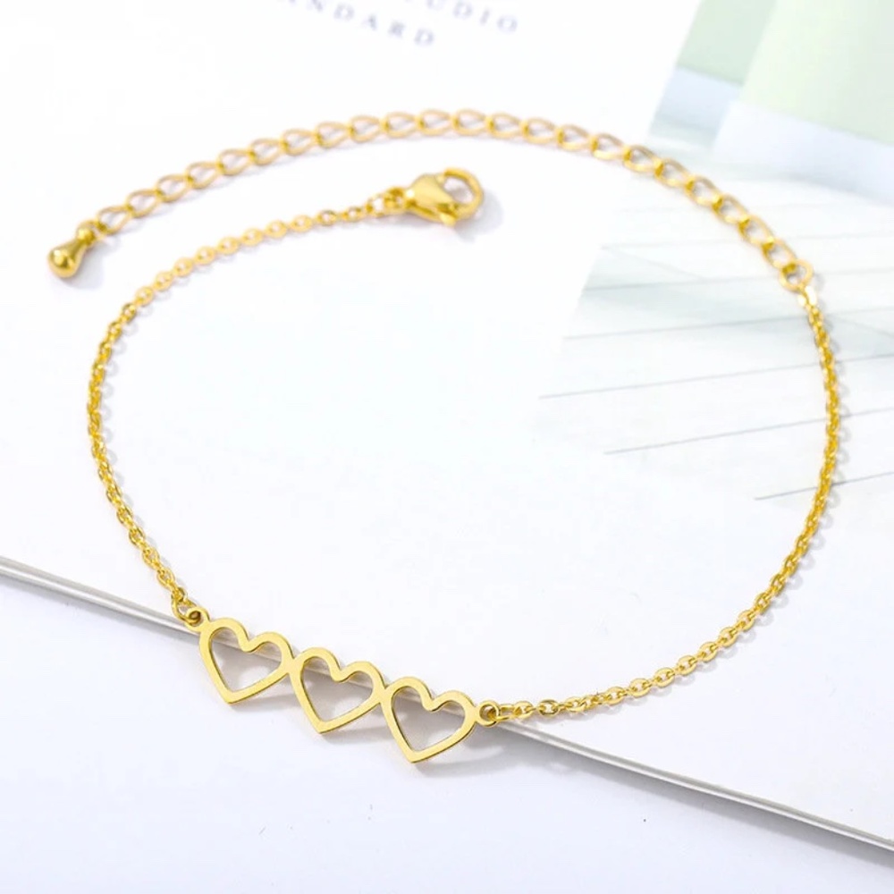 Dainty Triple Heart Bracelet, Dainty Bracelet, Simple Bracelet Gold Plated